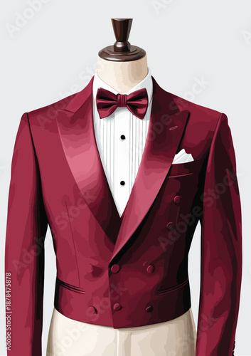 061-30-Red tuxedo jacket with bow tie and pocket square displayed on mannequin
