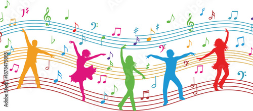 Colorful dancing people silhouettes with flowing musical notes celebrating rhythm music joy party festival abstract vector illustration background