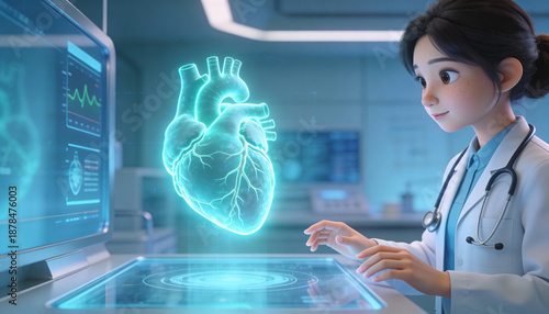 AI Doctor Analyzing Futuristic 3D Human Heart Hologram in Digital Clinic, Advanced Medical Technology, Digital Cardiology Concept