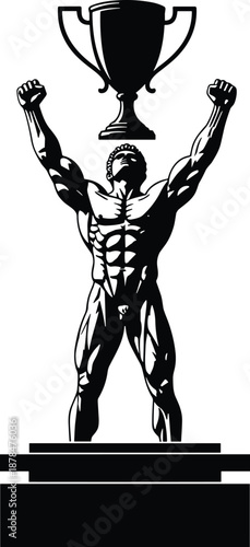 Muscular champion statue holding trophy silhouette symbolizing victory strength success bodybuilding fitness award illustration on white background design