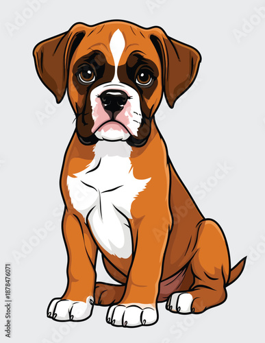 061-33-Boxer puppy sitting, a cute cartoon drawing of a young domestic animal