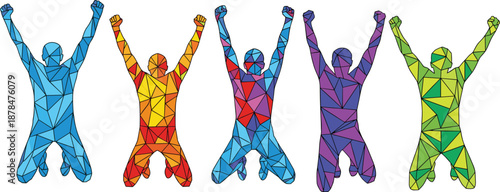 Colorful low poly human figures jumping with raised arms celebrating success teamwork and freedom isolated on white background