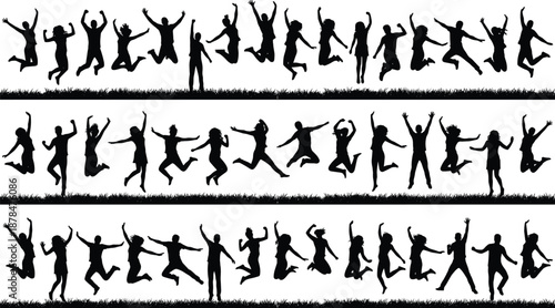 People jumping silhouettes banner set showing joyful group celebration, freedom, teamwork and energetic movement isolated on white background illustration