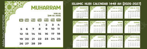 Islamic hijri calendar for Arabic All Month 2026-2027  in english language Editable Design