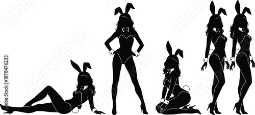 Sexy bunny girl silhouettes in playful pin up poses wearing rabbit costume outfits isolated on white background for fashion illustration design