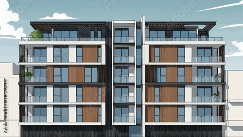 Modern Apartment Building Facade with Balconies and Windows.