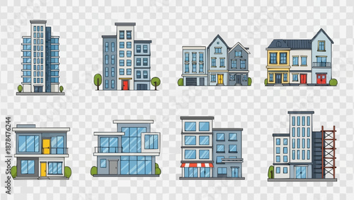 Collection of modern and traditional buildings on transparent background.