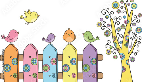 Cute colorful birds sitting on decorative wooden fence with whimsical tree illustration for children nursery art spring nature design