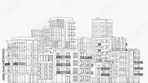 Modern Apartment Buildings Sketch Architectural Drawing.