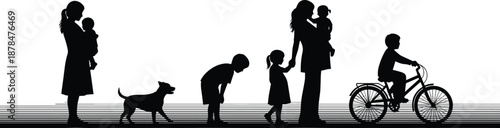 Family life silhouette scene showing parents children baby dog and bicycle isolated on white background for lifestyle concept illustration