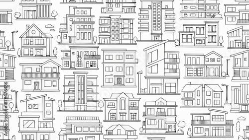 Seamless Pattern of Hand Drawn Architectural Buildings and Houses.
