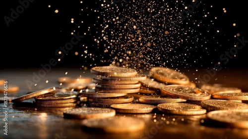 Wallpaper Mural Close view of golden coins falling and stacking creating dynamic motion wealth flow and financial growth idea with dramatic lighting and dark background Torontodigital.ca