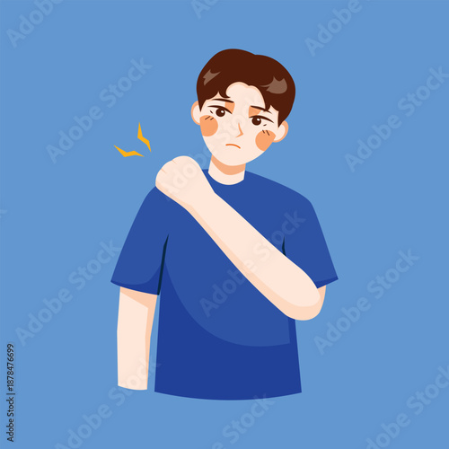 An illustration of a person experiencing shoulder pain, representing muscle strain, injury, or common physical discomfort.