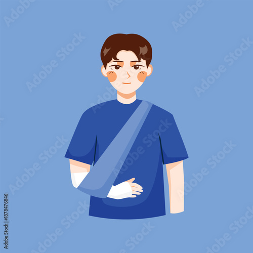An illustration of a person with an injured arm supported by a sling, suitable for medical topics, accidents, and health awareness visuals.
