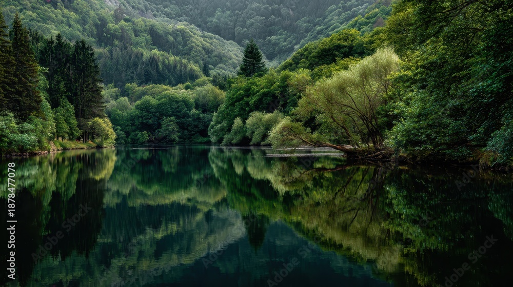Obraz premium Serene Forested Lake with Perfect Reflection of Lush Greenery and Overhanging Tree.