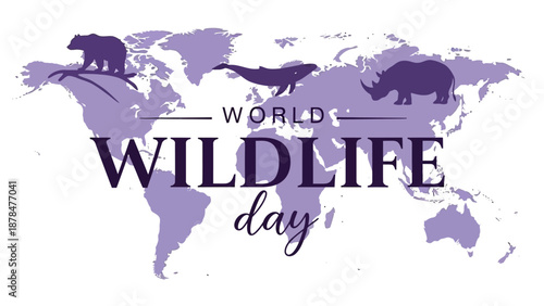 Stylized illustration for World Wildlife Day featuring a global map and diverse animal silhouettes, symbolizing biodiversity and conservation