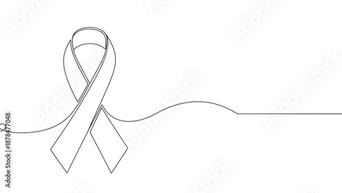 Continuous line art drawing of a minimalist awareness ribbon symbolizing health, support, and solidarity, perfect for medical and social causes