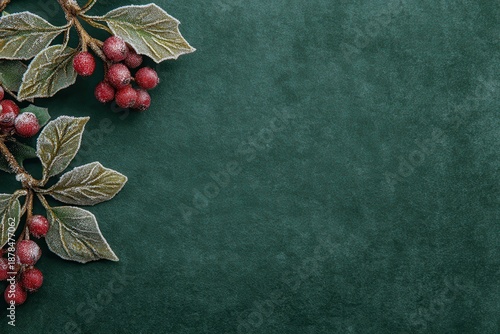 Wallpaper Mural Frosted Holly Berries and Leaves on Dark Green Textured Background, Festive Winter Holiday Decoration. Torontodigital.ca