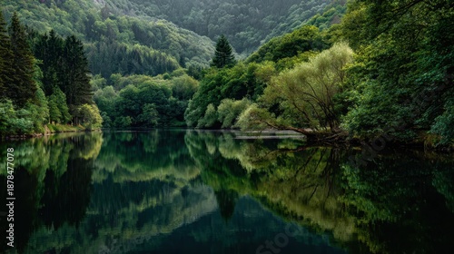 Wallpaper Mural Serene Forested Lake with Perfect Reflection of Lush Greenery and Overhanging Tree. Torontodigital.ca