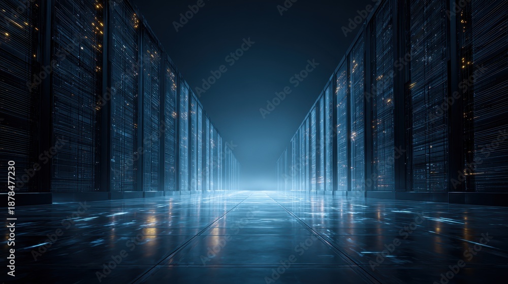 custom made wallpaper toronto digitalFuturistic Server Room with Glowing Racks and Reflective Floor - Data Center Technology Concept.