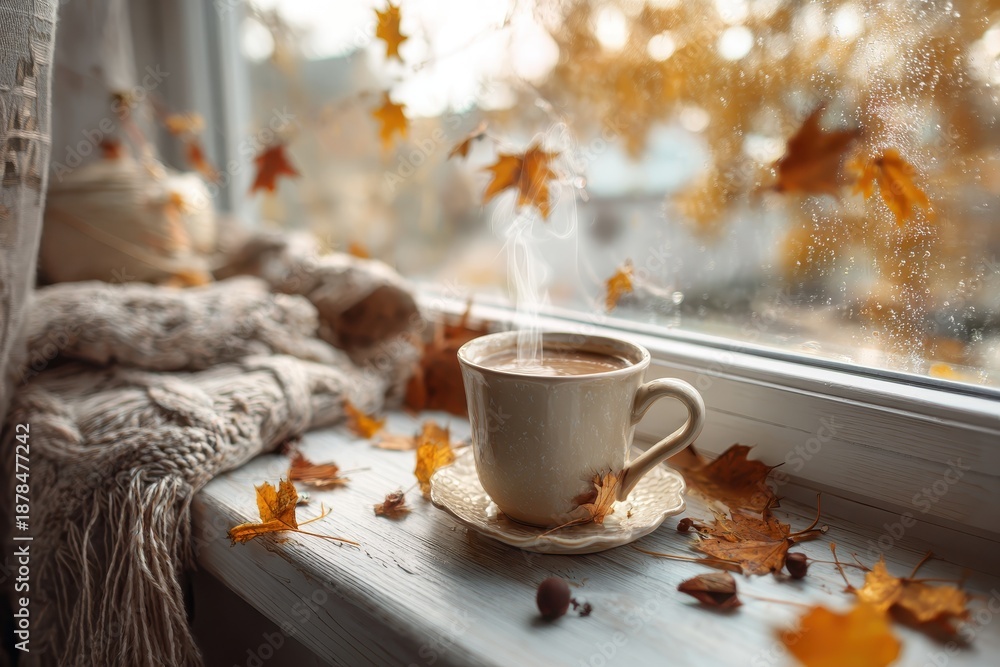 custom made wallpaper toronto digitalCozy Autumn Morning Steaming Coffee Cup on Windowsill Surrounded by Falling Leaves and Cozy Blanket.