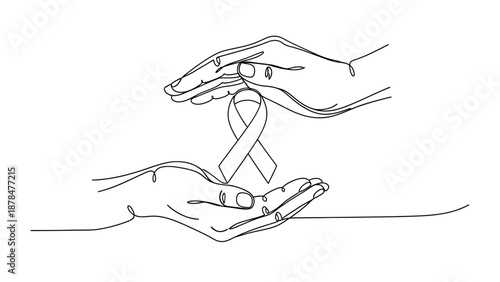 Continuous line art of caring hands gently holding an awareness ribbon, symbolizing support for health, solidarity, and unity in promoting well-being