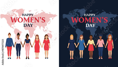 Empowering Global Sisterhood Diverse Women Unite Hand-in-Hand Celebrating International Women's Day on a World Map Background