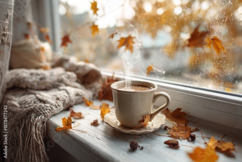 Wallpaper Mural Cozy Autumn Morning Steaming Coffee Cup on Windowsill Surrounded by Falling Leaves and Cozy Blanket. Torontodigital.ca