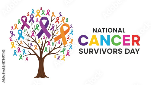 A symbolic tree formed by a multitude of colorful ribbons, representing solidarity, hope, and the enduring spirit of cancer survivors worldwide