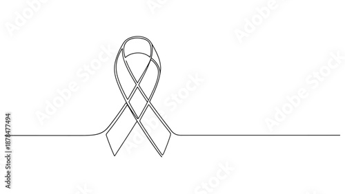Single continuous line art drawing of a symbolic awareness ribbon, representing unity, support, and hope for health and social causes globally