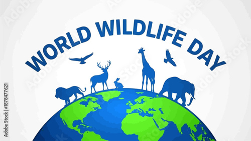 Global wildlife conservation event concept featuring diverse animals on planet Earth, highlighting biodiversity and environmental protection