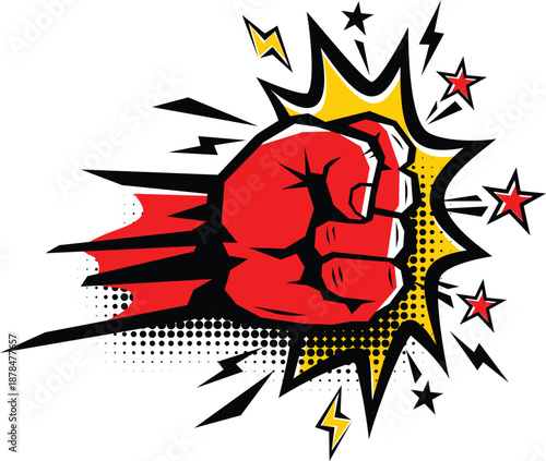 comic style clenched fist with explosion and stars and lightning bolts