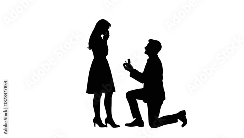 Silhouette of a man proposing to a woman on one knee with a ring.