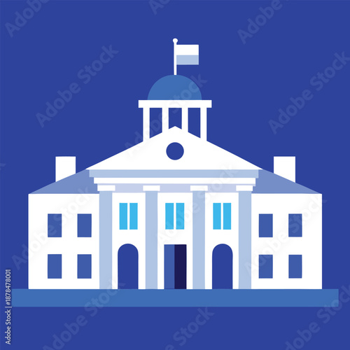 Classic White House or State Capitol Building Flat Vector Illustration Representing American Government and Architecture on Blue Background