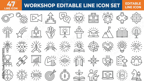 Workshop Line Icon Set Featuring Training, Skills, Coaching, and Presentations. Editable stroke. Vector illustration.