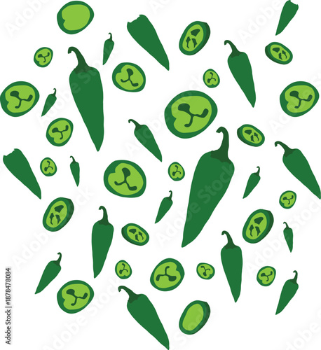 Green jalapeno peppers and sliced jalapenos on white background