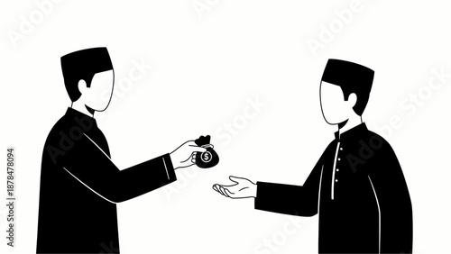Muslim man giving alms or zakat money bag illustration.