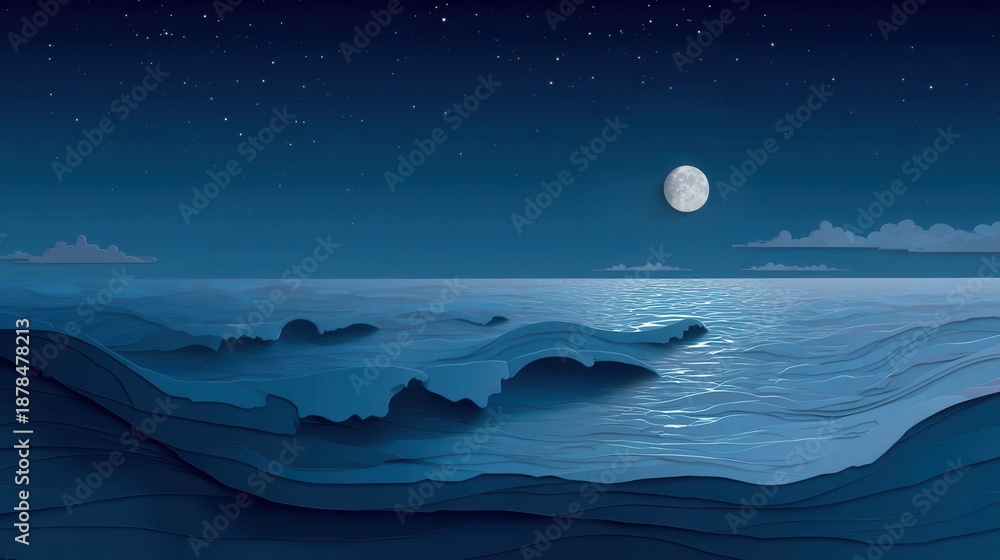 custom made wallpaper toronto digitalTranquil Midnight Ocean Waves Under a Starry Sky with Full Moon and Wispy Clouds