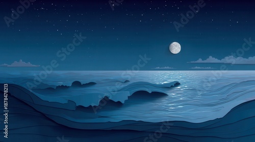 Wallpaper Mural Tranquil Midnight Ocean Waves Under a Starry Sky with Full Moon and Wispy Clouds Torontodigital.ca