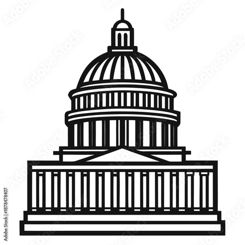 Detailed Black and White Line Art Illustration of the United States Capitol Building Dome Architecture in Washington DC