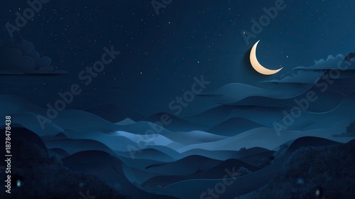 Wallpaper Mural Ethereal Crescent Moon Shines Over Mystical Layered Landscape Under a Starry Night Sky. Torontodigital.ca