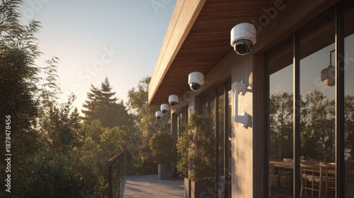 Wallpaper Mural Modern Wood Building Exterior with Outdoor Security Cameras and Lush Greenery at Sunset. Torontodigital.ca