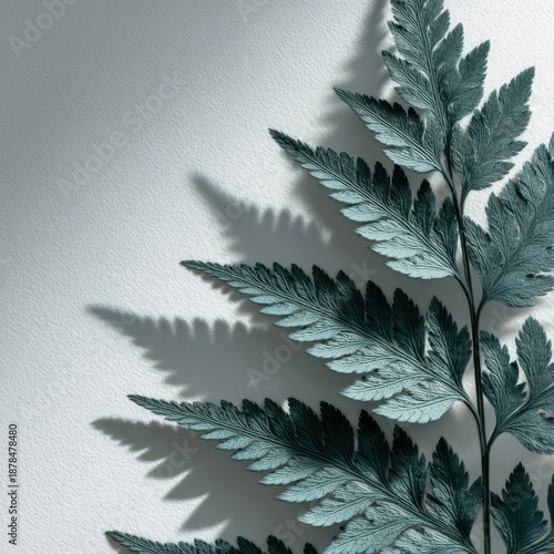 Wallpaper Mural Delicate Blue-Green Fern Leaf with Soft Shadow on Textured Grey Background, Minimalist Nature Design with Copy Space. Torontodigital.ca