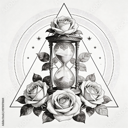 Timeless Elegance: A vintage hourglass, adorned with delicate roses and set against an artistic backdrop, captures the fleeting passage of time and the enduring beauty of nature.