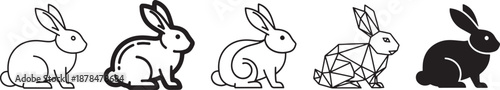 Set of five different style icons of a rabbit or hare in profile, including line art, bold outline, stylized, low poly, and solid silhouette