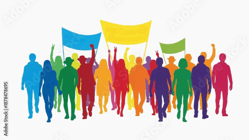 People holding banners and marching together in a colorful protest or demonstration