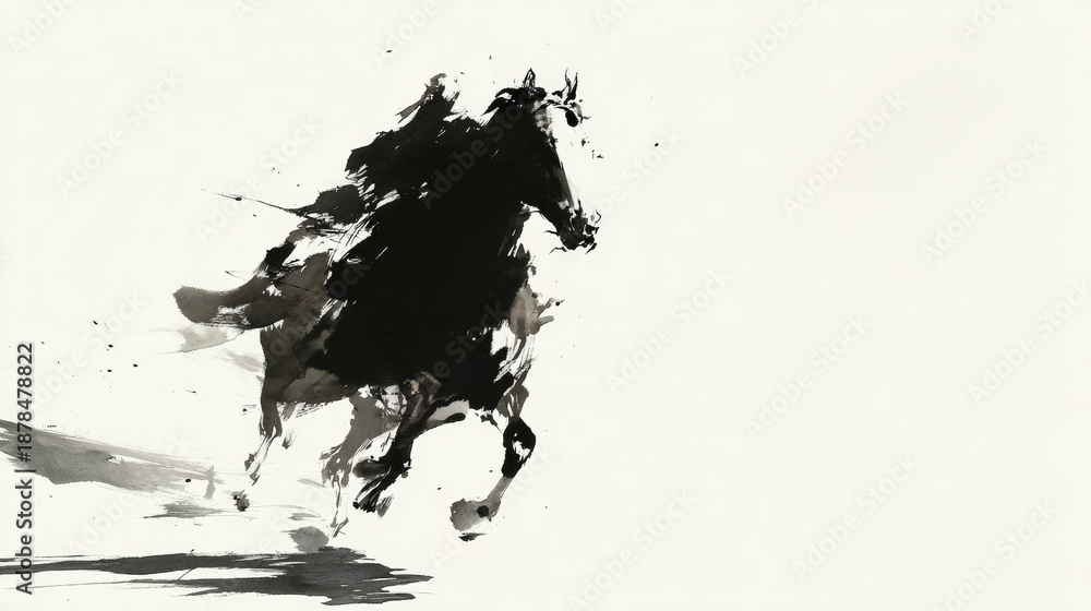 Obraz premium Traditional Chinese ink wash painting of two horses galloping together through clouds and mountains, symbol of strength and prosperity