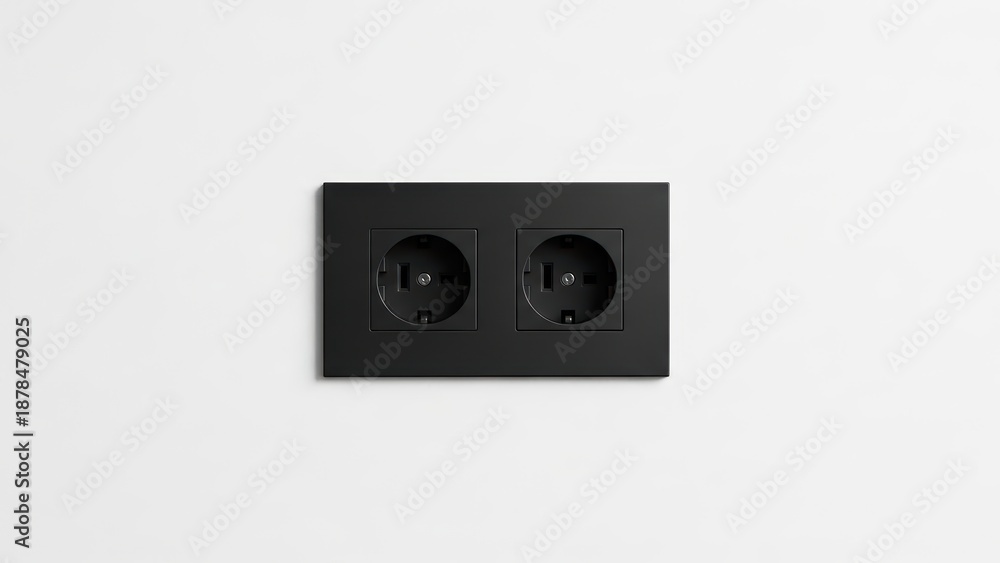 Fototapeta premium Black dual electrical outlet on white wall with minimalist design for modern interior aesthetics and functionality