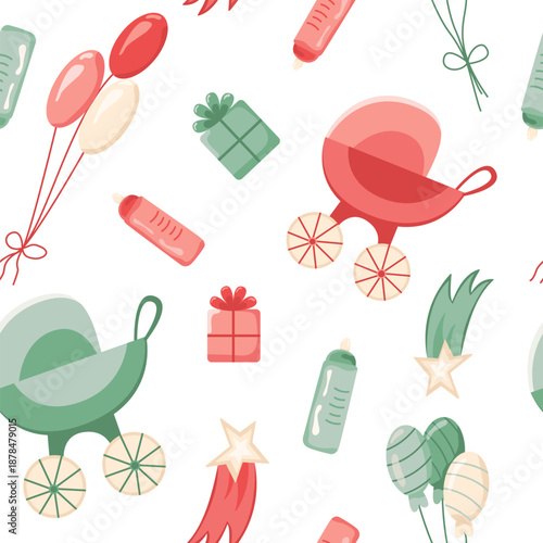 Seamless pattern for a gender reveal party. Vector illustration with baby strollers and bottles, balloons, and gifts.