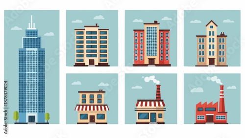 Collection of diverse building illustrations in flat design style.